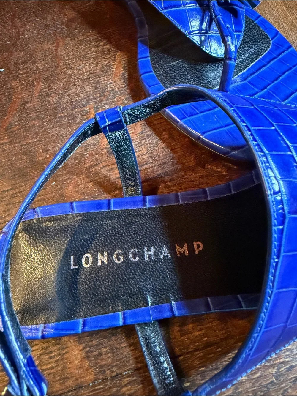 Longchamp Blue Croc Embossed Le Roseau Bamboo Toggle Sandals Size 37